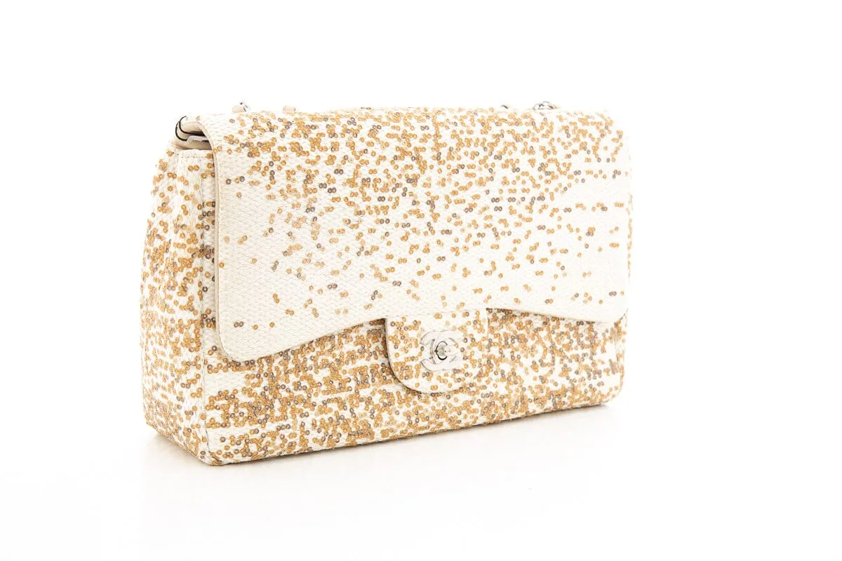 Chanel 2014 Cream Raffia & Gold Sequin Single Flap Large Handbag