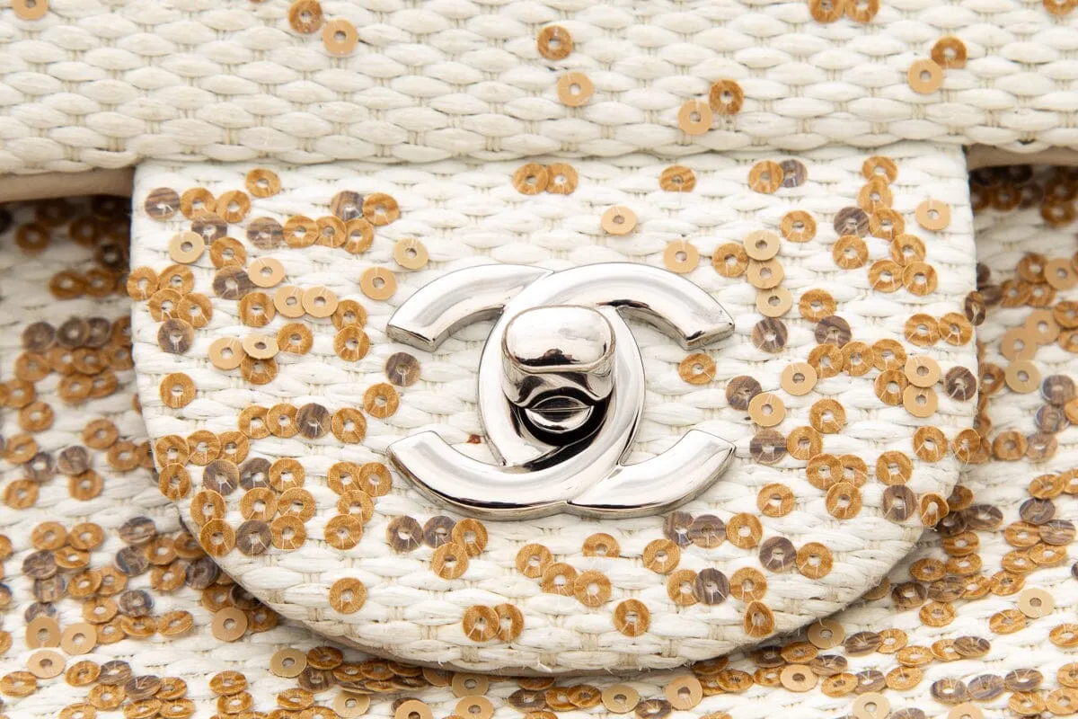 Chanel 2014 Cream Raffia & Gold Sequin Single Flap Large Handbag