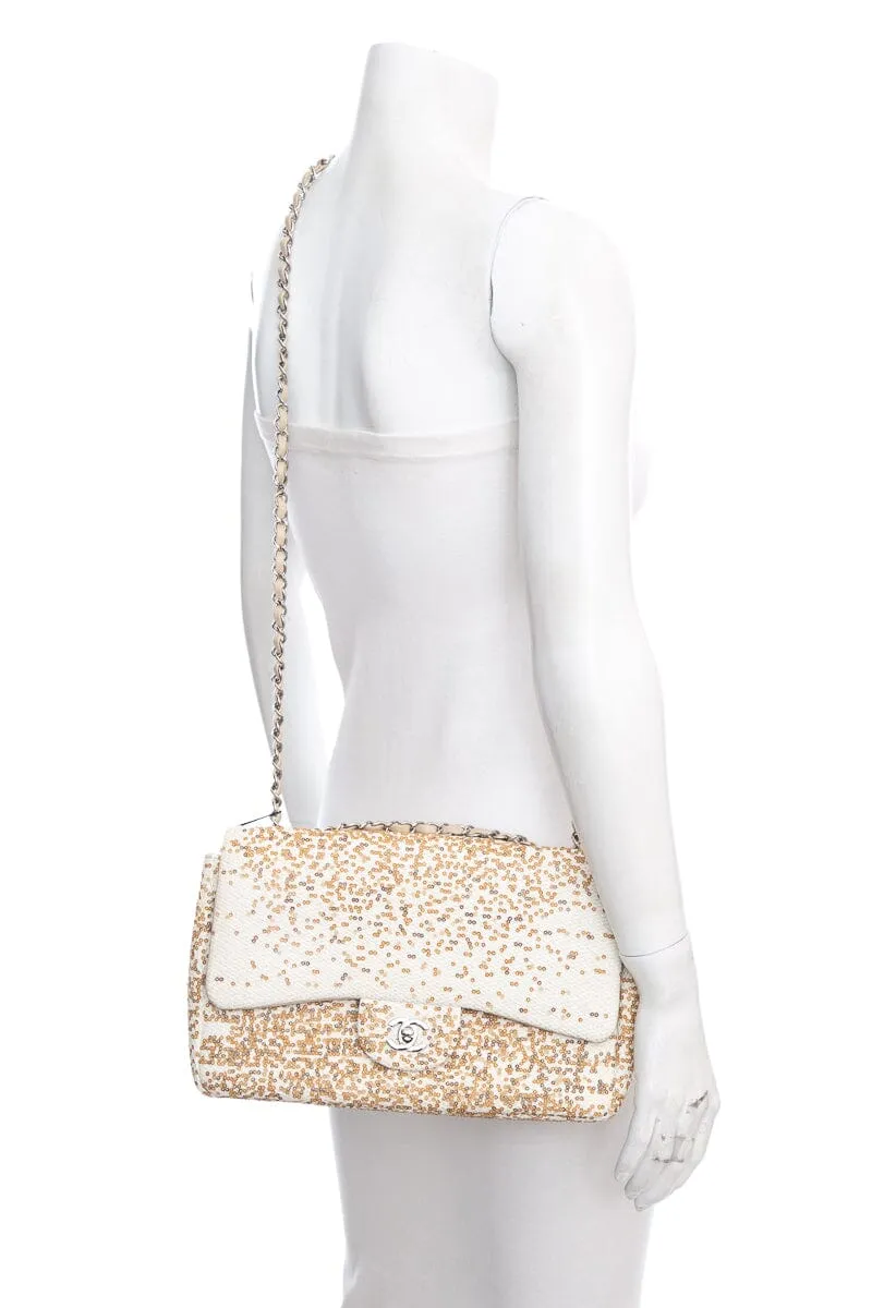 Chanel 2014 Cream Raffia & Gold Sequin Single Flap Large Handbag