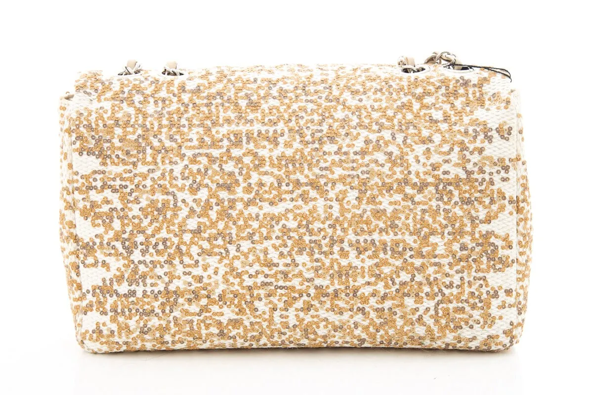 Chanel 2014 Cream Raffia & Gold Sequin Single Flap Large Handbag