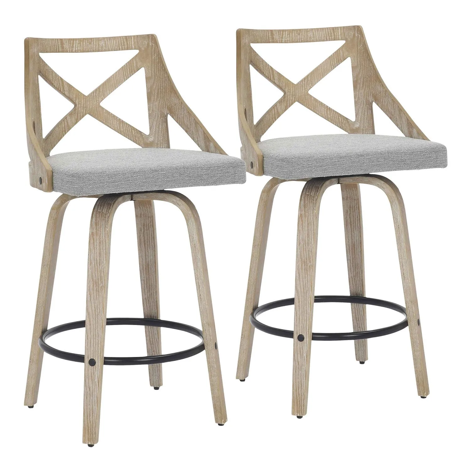 Charlotte Farmhouse Counter Stool in White Washed Wood and Light Grey Fabric by LumiSource - Set of 2