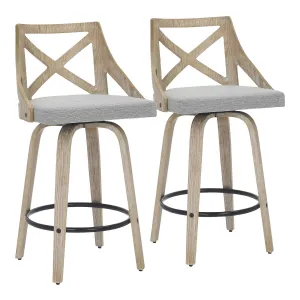 Charlotte Farmhouse Counter Stool in White Washed Wood and Light Grey Fabric by LumiSource - Set of 2