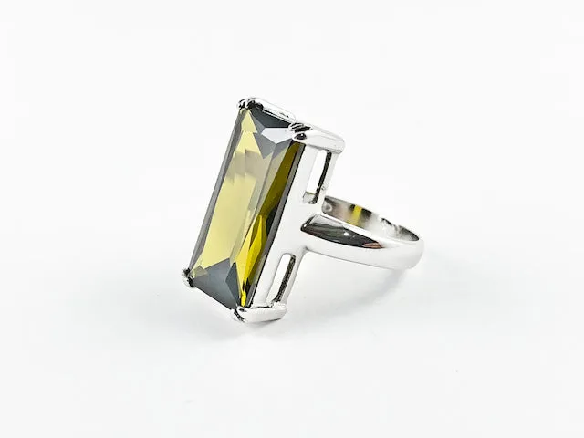 Classic Elegant Olive Radiant Cut Rectangular Shaped Silver Ring