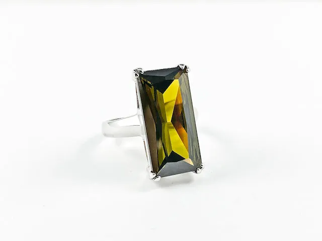 Classic Elegant Olive Radiant Cut Rectangular Shaped Silver Ring