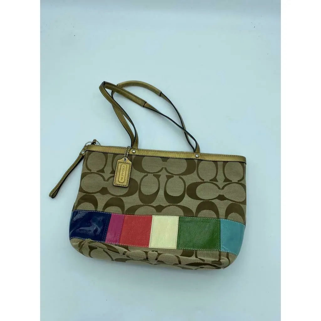 COACH Khaki Signature Legacy Stripe Gold Leather Shoulder Tote