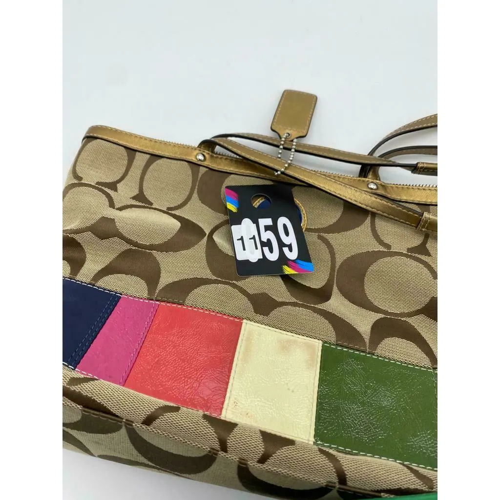 COACH Khaki Signature Legacy Stripe Gold Leather Shoulder Tote