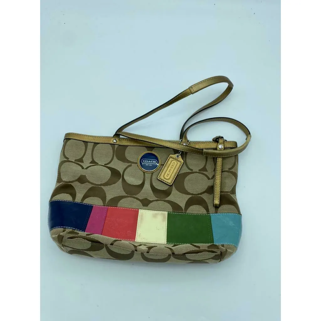 COACH Khaki Signature Legacy Stripe Gold Leather Shoulder Tote