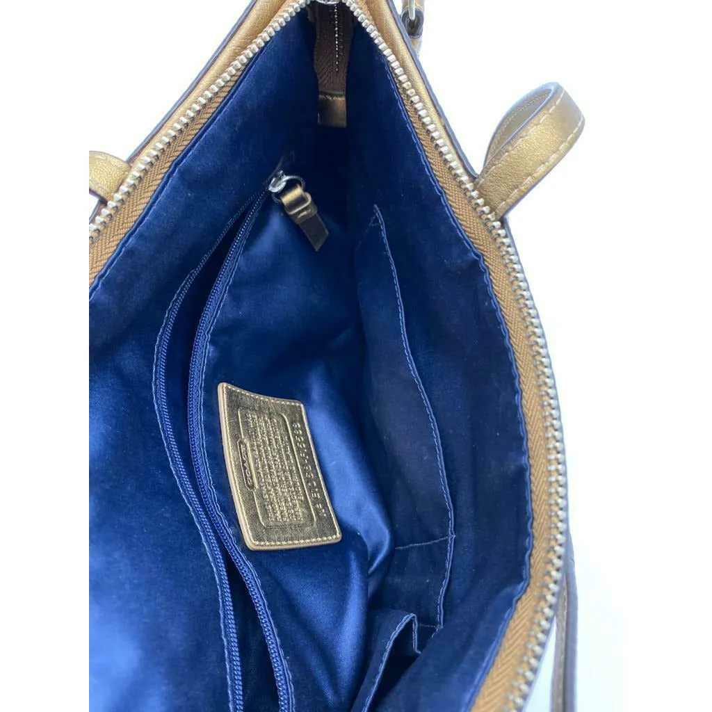 COACH Khaki Signature Legacy Stripe Gold Leather Shoulder Tote