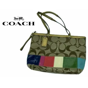COACH Khaki Signature Legacy Stripe Gold Leather Shoulder Tote