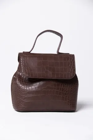 Coffee Brown Croc Detail Structured Handbag