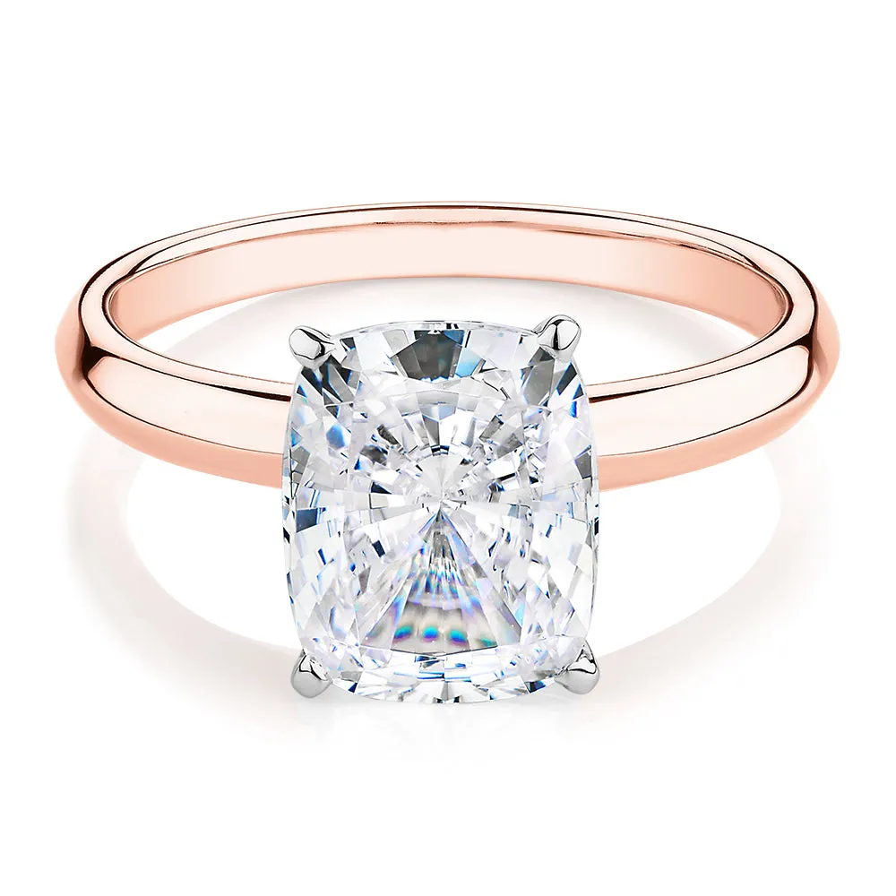 Cushion Radiant solitaire engagement ring with 3.49 carat* diamond simulant in 14 carat rose and white gold