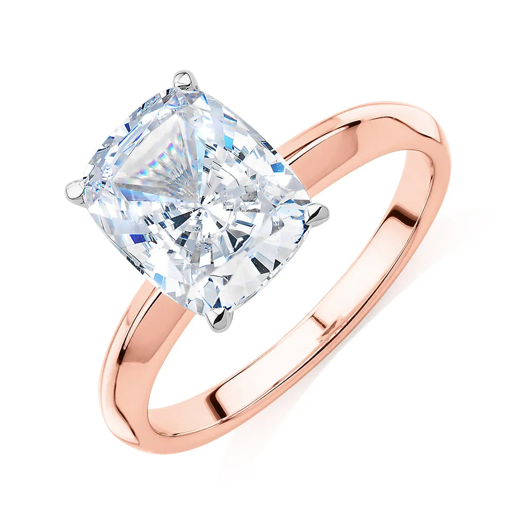 Cushion Radiant solitaire engagement ring with 3.49 carat* diamond simulant in 14 carat rose and white gold