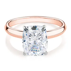 Cushion Radiant solitaire engagement ring with 3.49 carat* diamond simulant in 14 carat rose and white gold