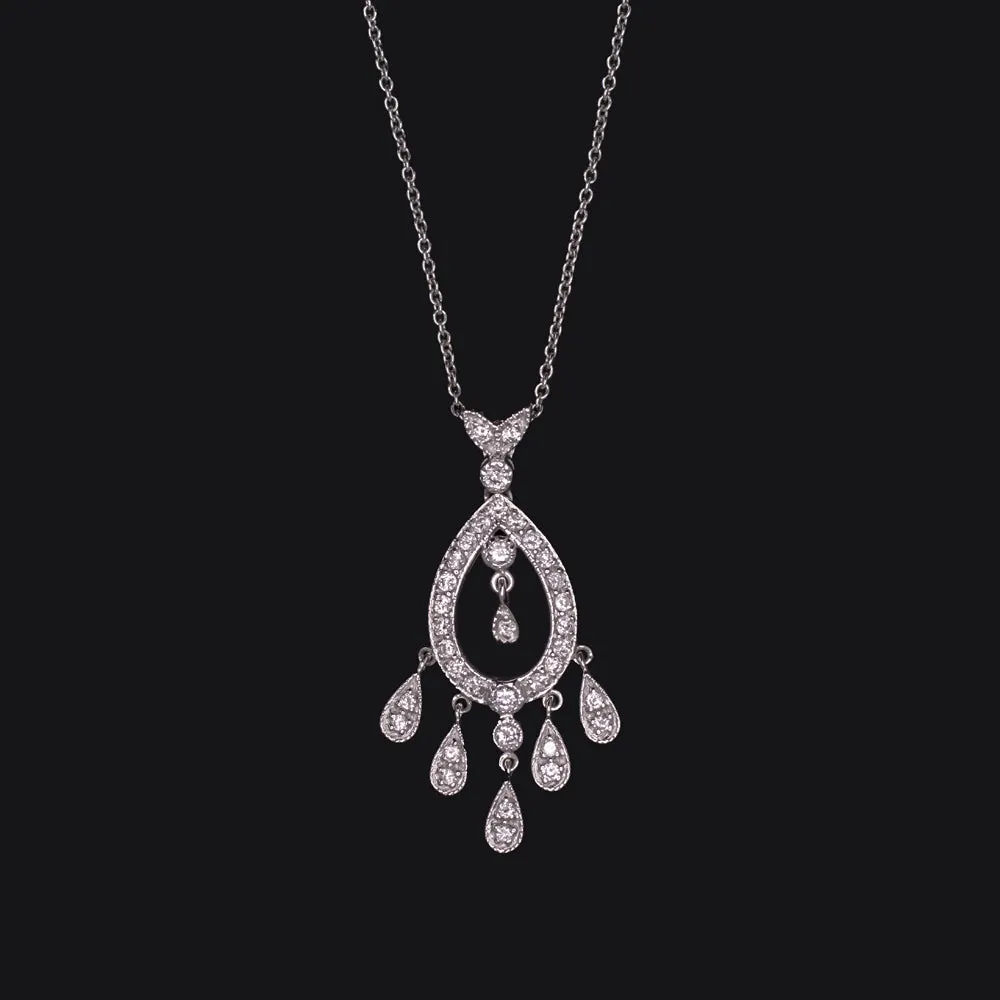 DIAMOND CHANDELIER NECKLACE 14k WHITE GOLD DROP DANGLE NATURAL TEARDROP SHAPE