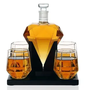 DIAMOND DECANTER SET WITH OAK STAND