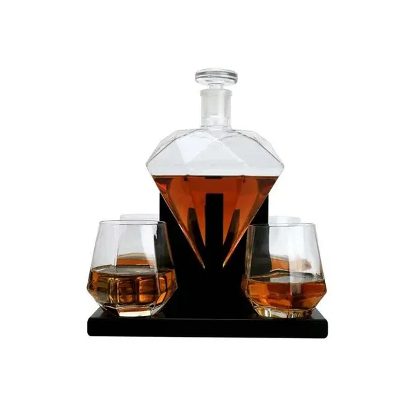 DIAMOND DECANTER SET WITH OAK STAND
