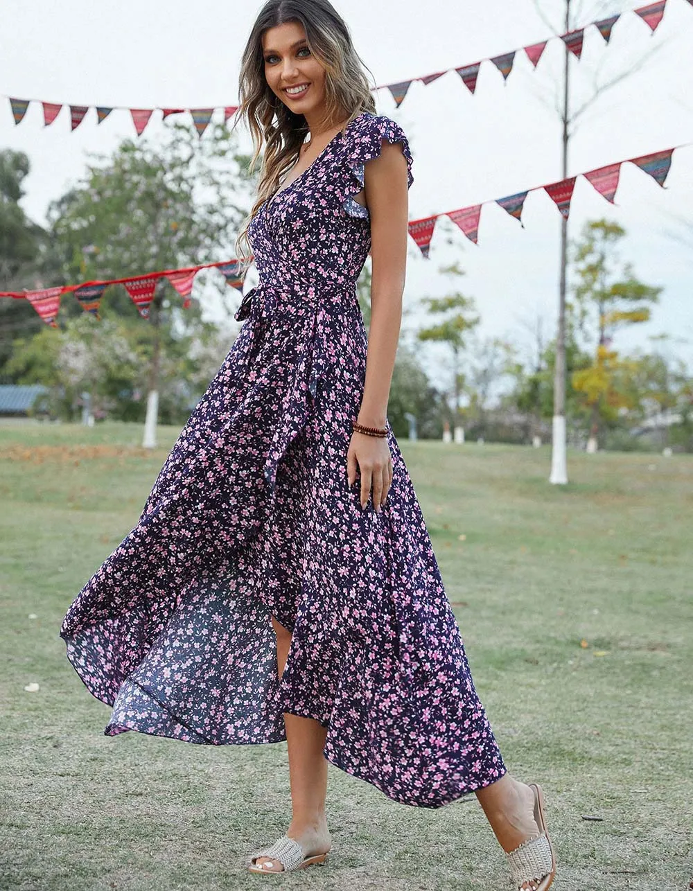Disty Floral Bohemian V-Neck Asymmetrical Long A-Line Dresses