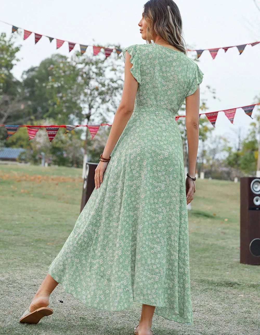 Disty Floral Bohemian V-Neck Asymmetrical Long A-Line Dresses