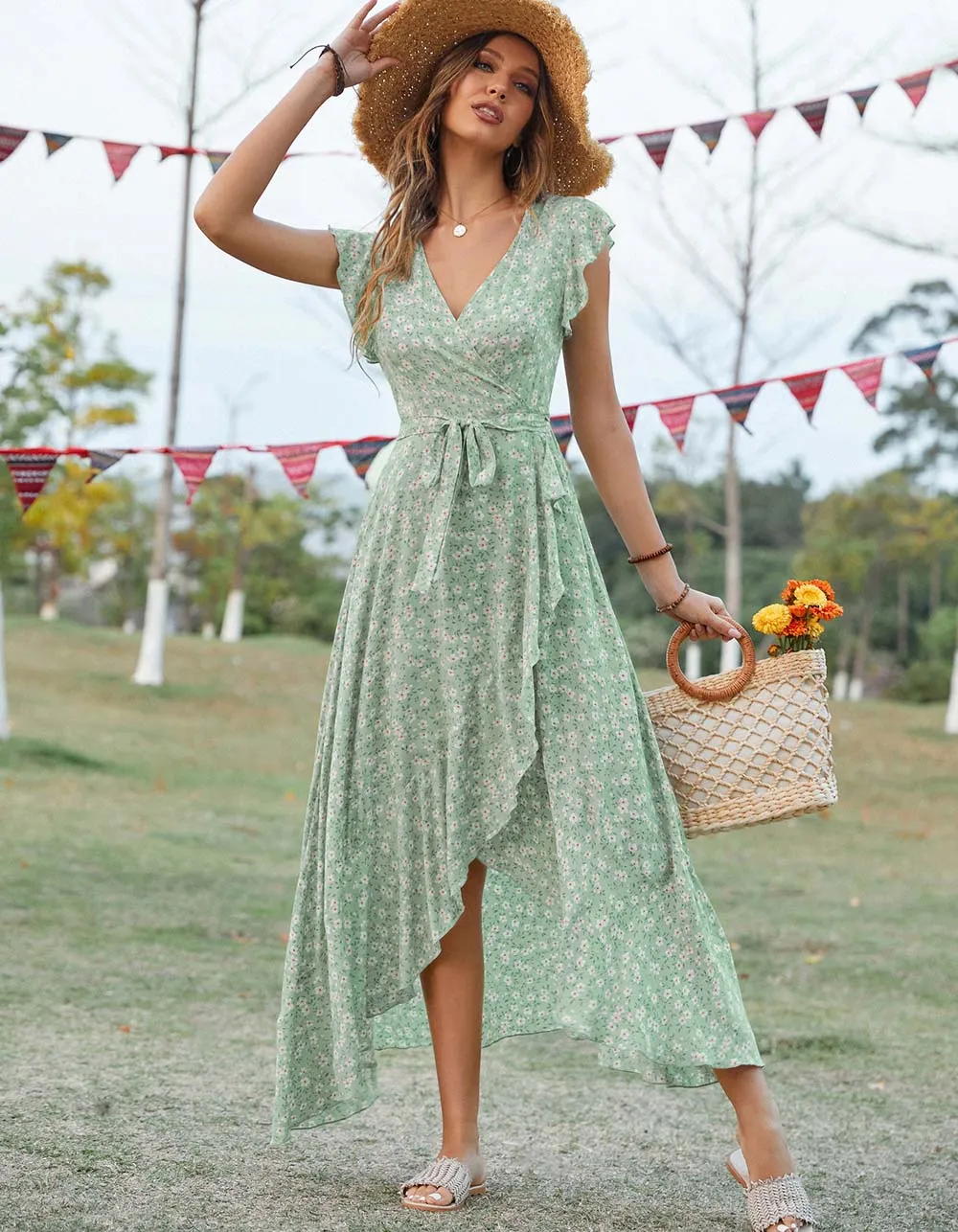 Disty Floral Bohemian V-Neck Asymmetrical Long A-Line Dresses