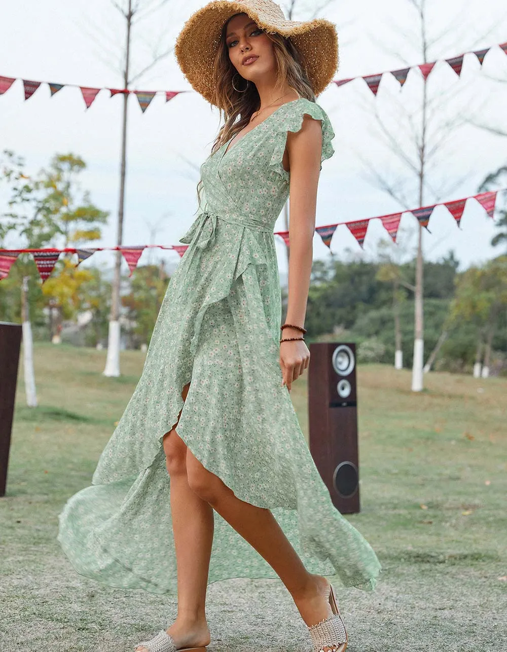 Disty Floral Bohemian V-Neck Asymmetrical Long A-Line Dresses