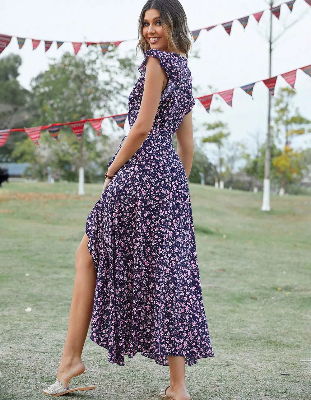 Disty Floral Bohemian V-Neck Asymmetrical Long A-Line Dresses