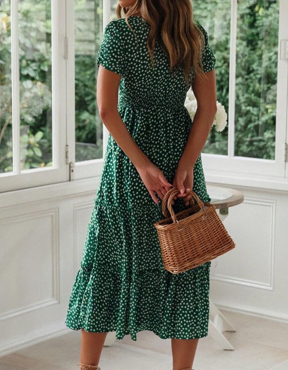 Disty Floral Square Neck Puff Sleeve Midi A-Line Dresses