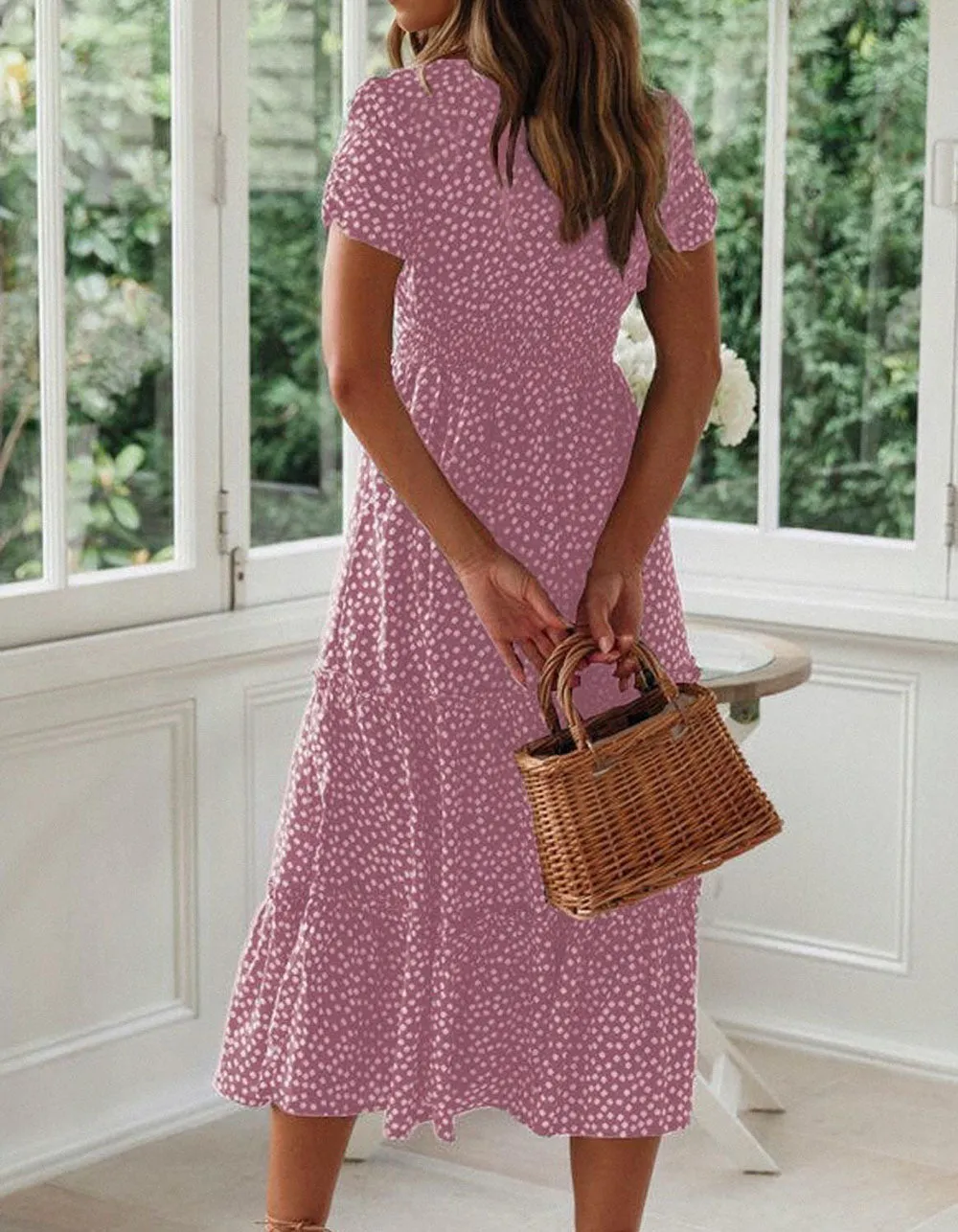 Disty Floral Square Neck Puff Sleeve Midi A-Line Dresses
