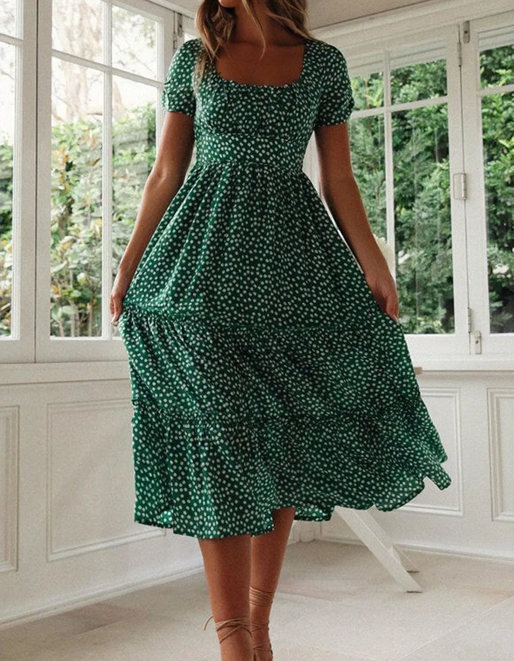 Disty Floral Square Neck Puff Sleeve Midi A-Line Dresses