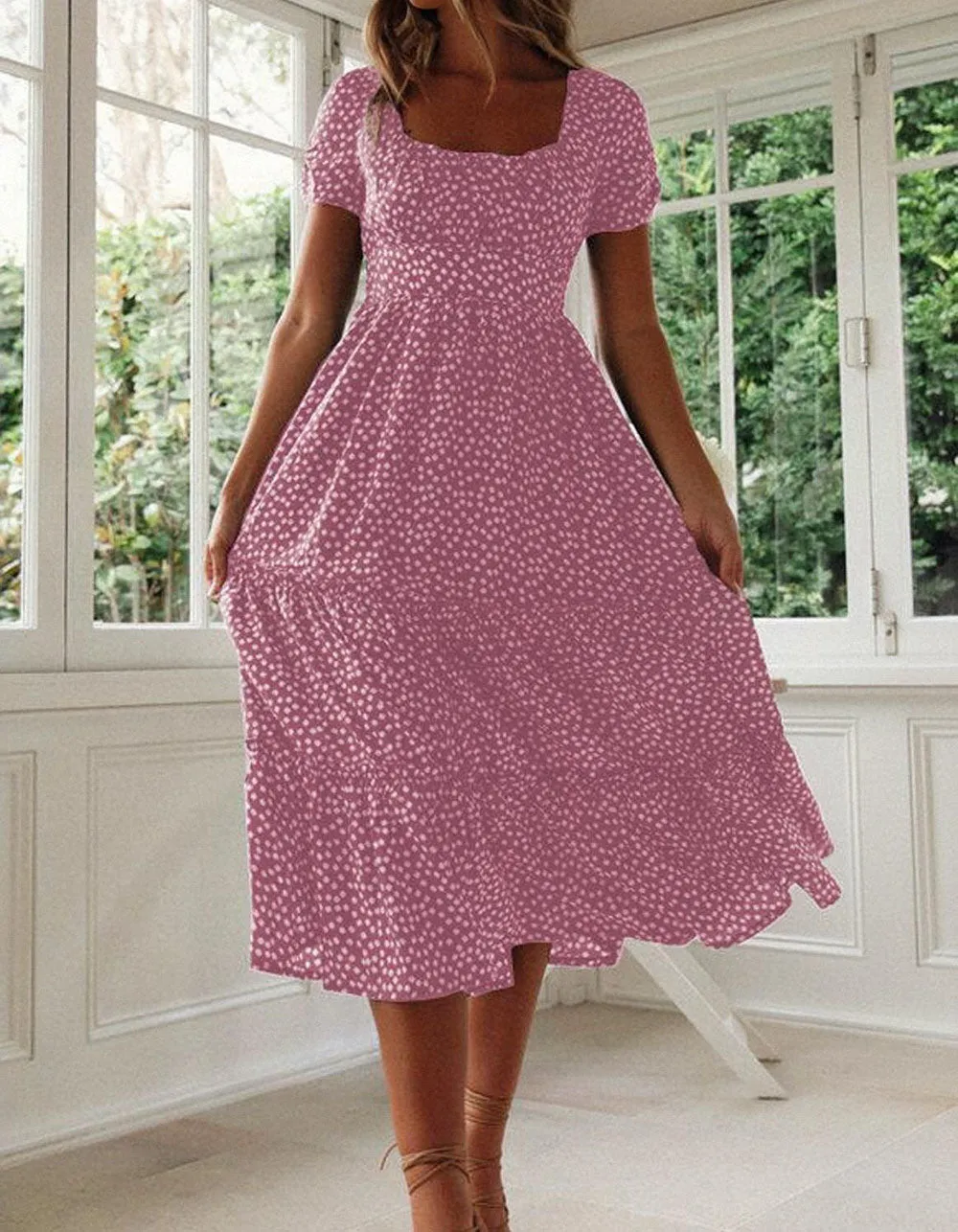 Disty Floral Square Neck Puff Sleeve Midi A-Line Dresses