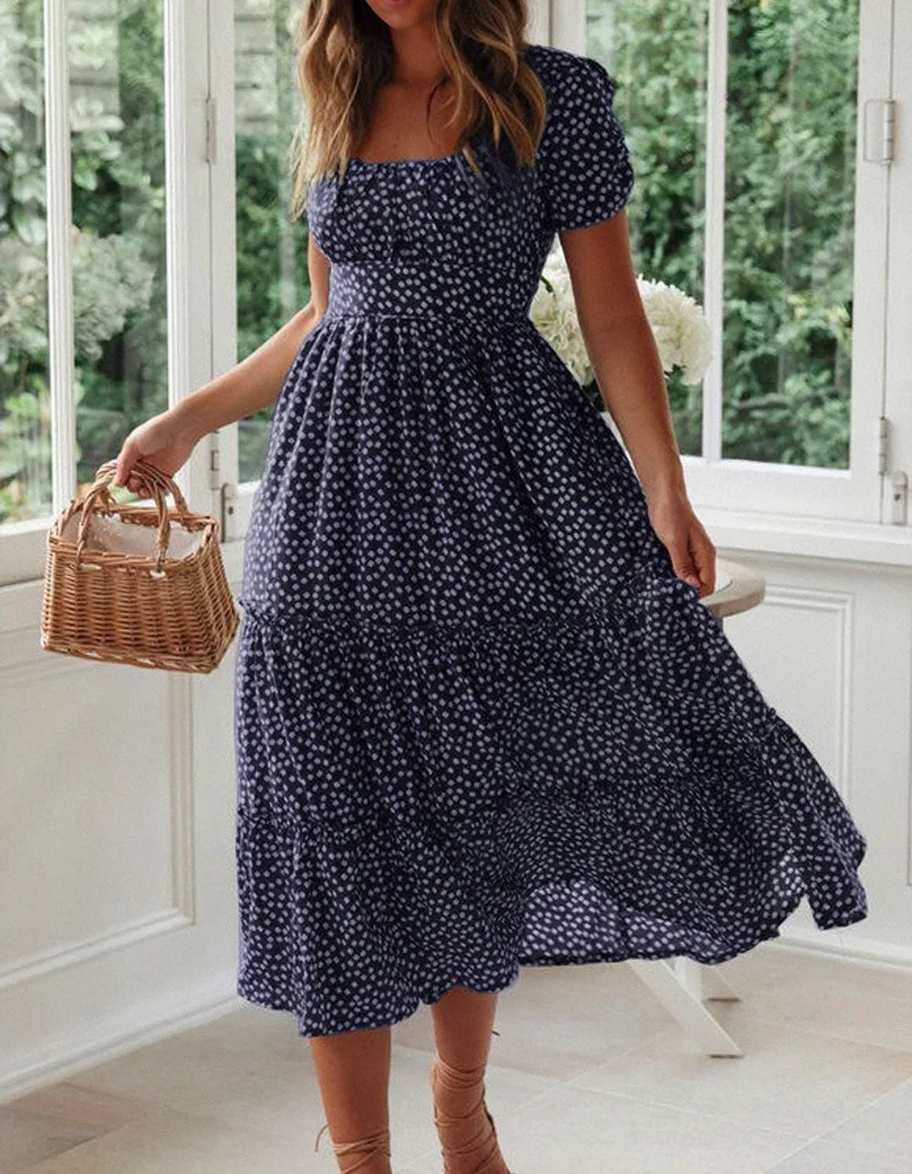 Disty Floral Square Neck Puff Sleeve Midi A-Line Dresses