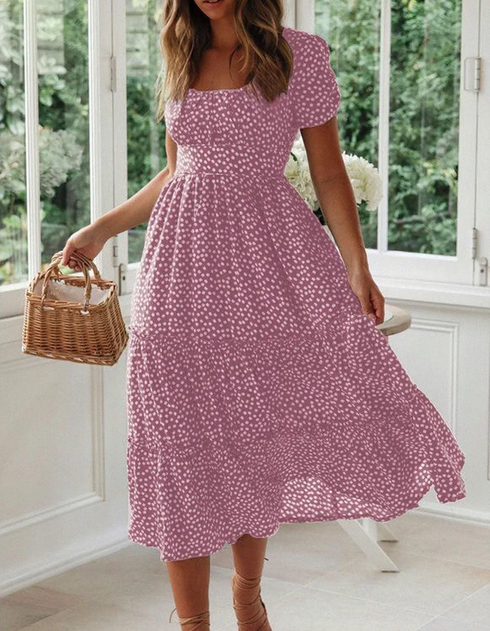 Disty Floral Square Neck Puff Sleeve Midi A-Line Dresses