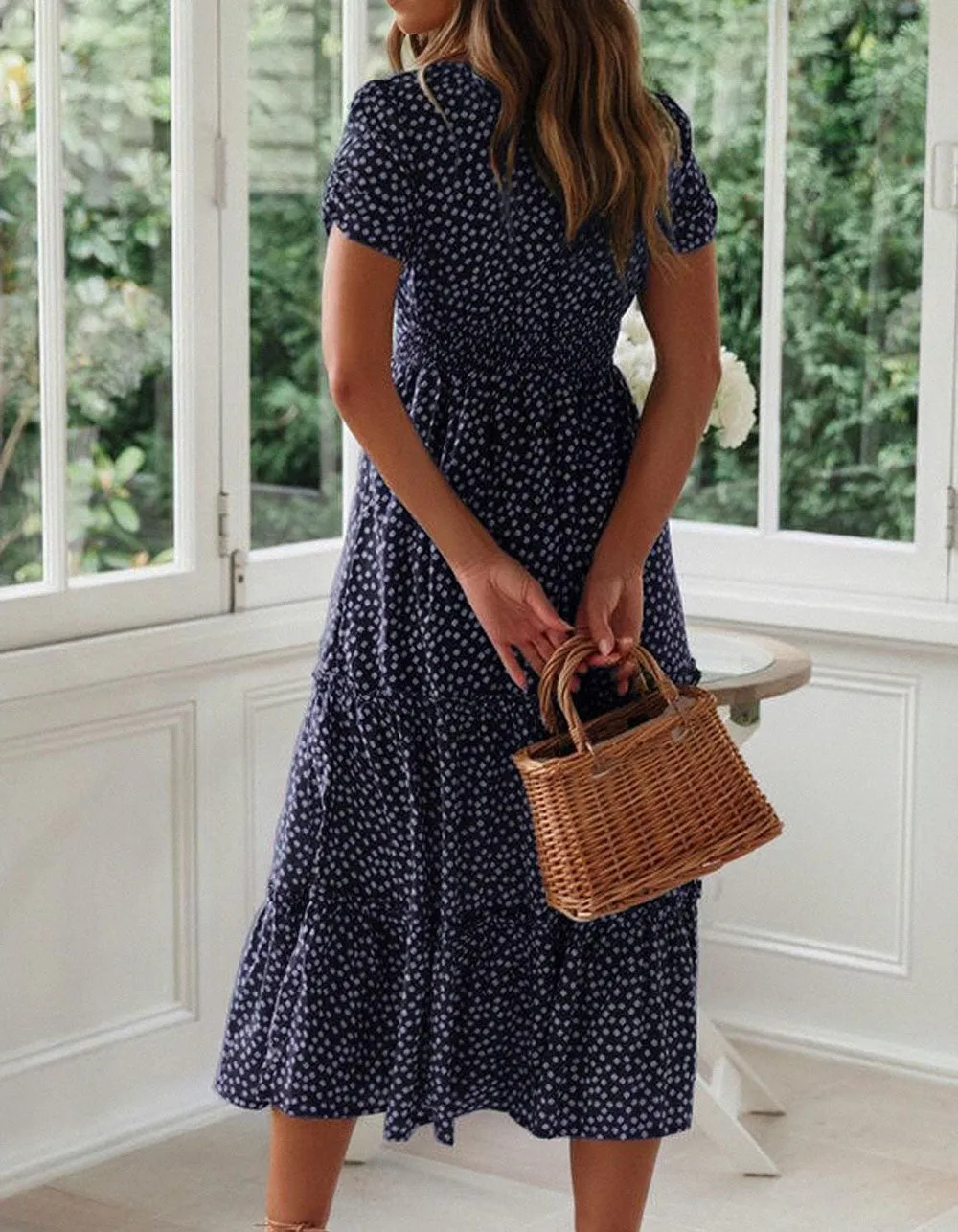Disty Floral Square Neck Puff Sleeve Midi A-Line Dresses