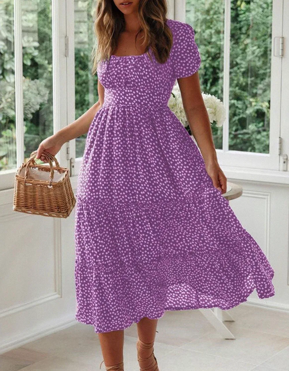 Disty Floral Square Neck Puff Sleeve Midi A-Line Dresses