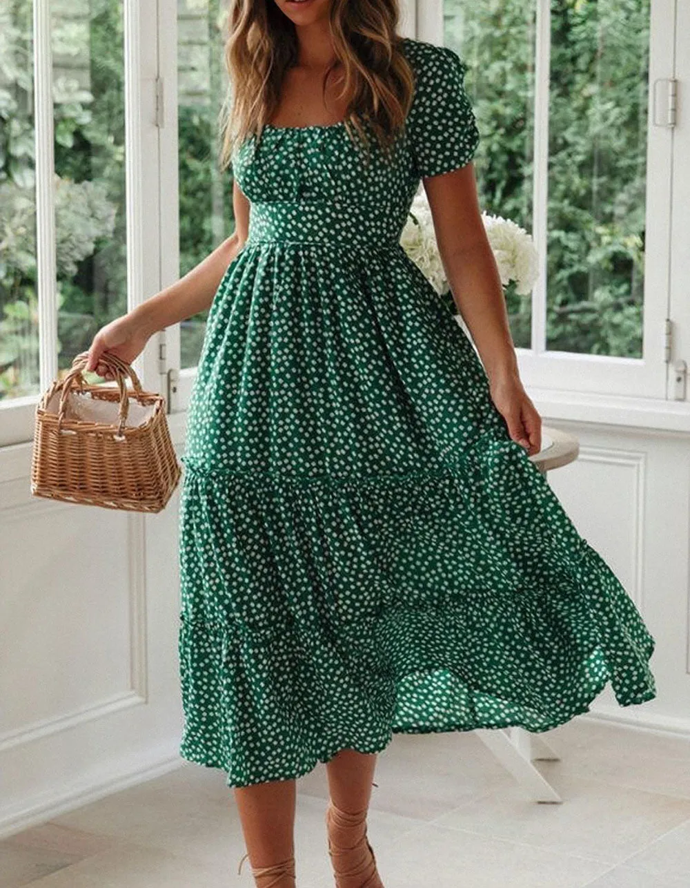 Disty Floral Square Neck Puff Sleeve Midi A-Line Dresses