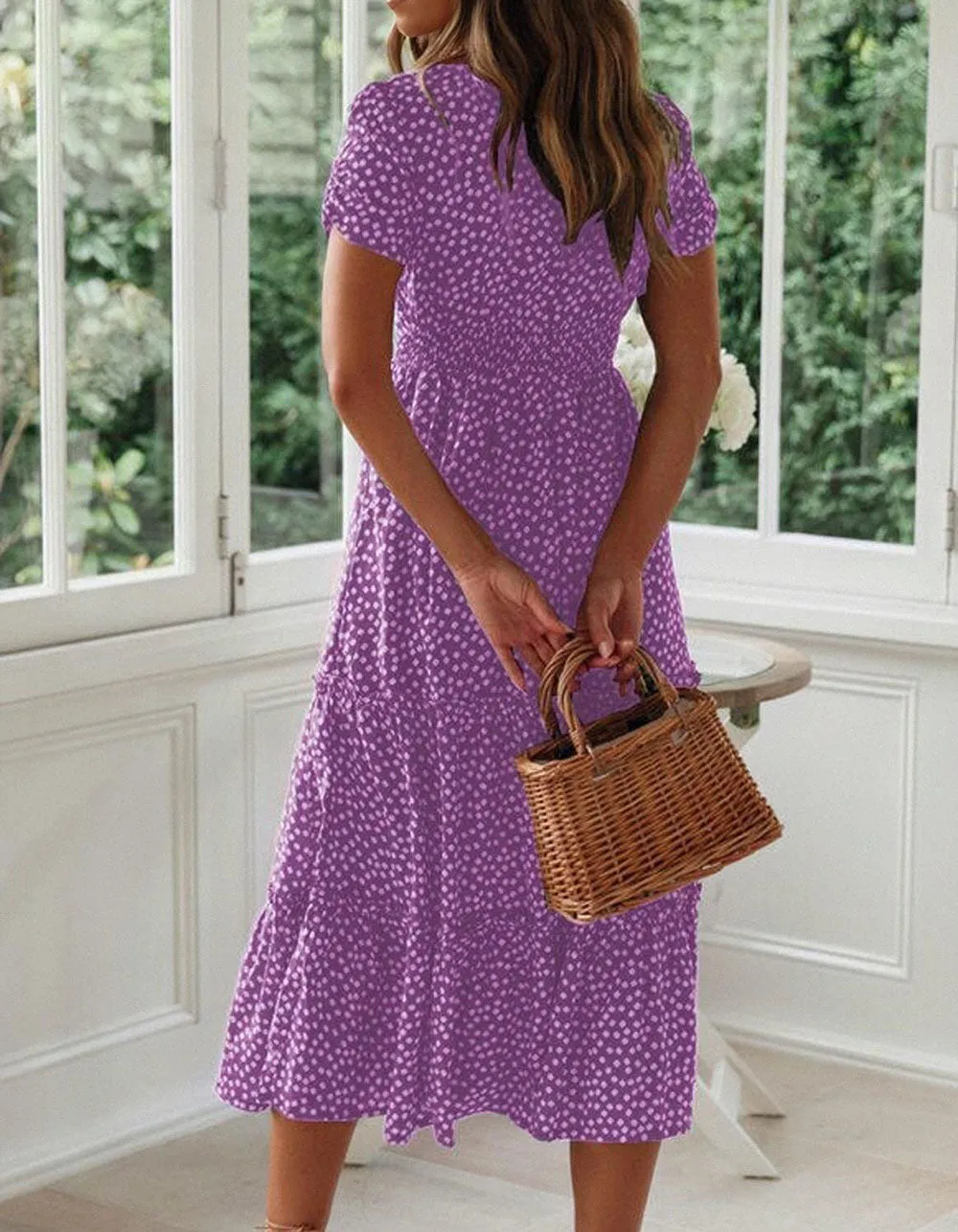 Disty Floral Square Neck Puff Sleeve Midi A-Line Dresses