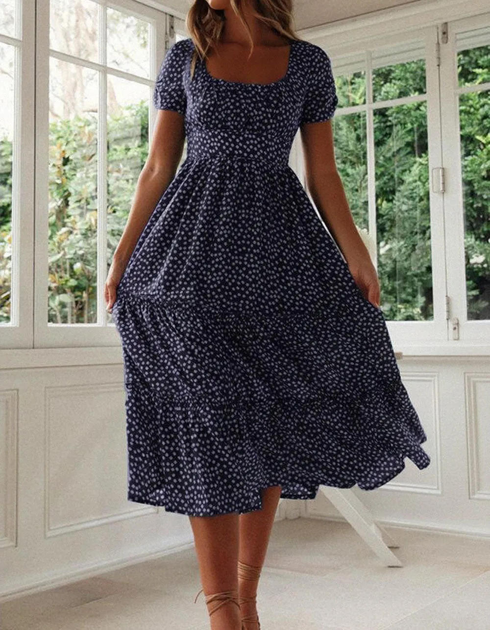 Disty Floral Square Neck Puff Sleeve Midi A-Line Dresses
