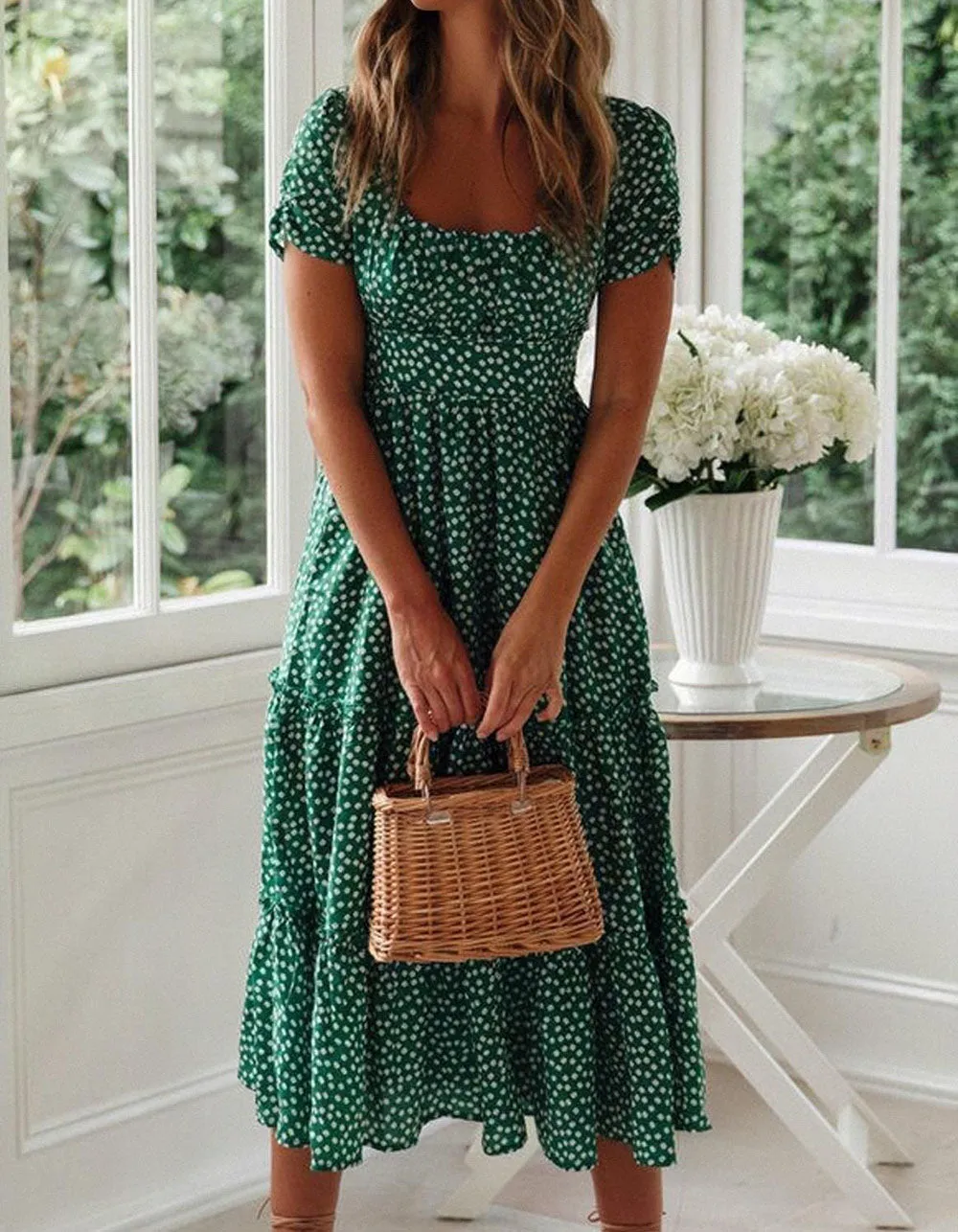 Disty Floral Square Neck Puff Sleeve Midi A-Line Dresses