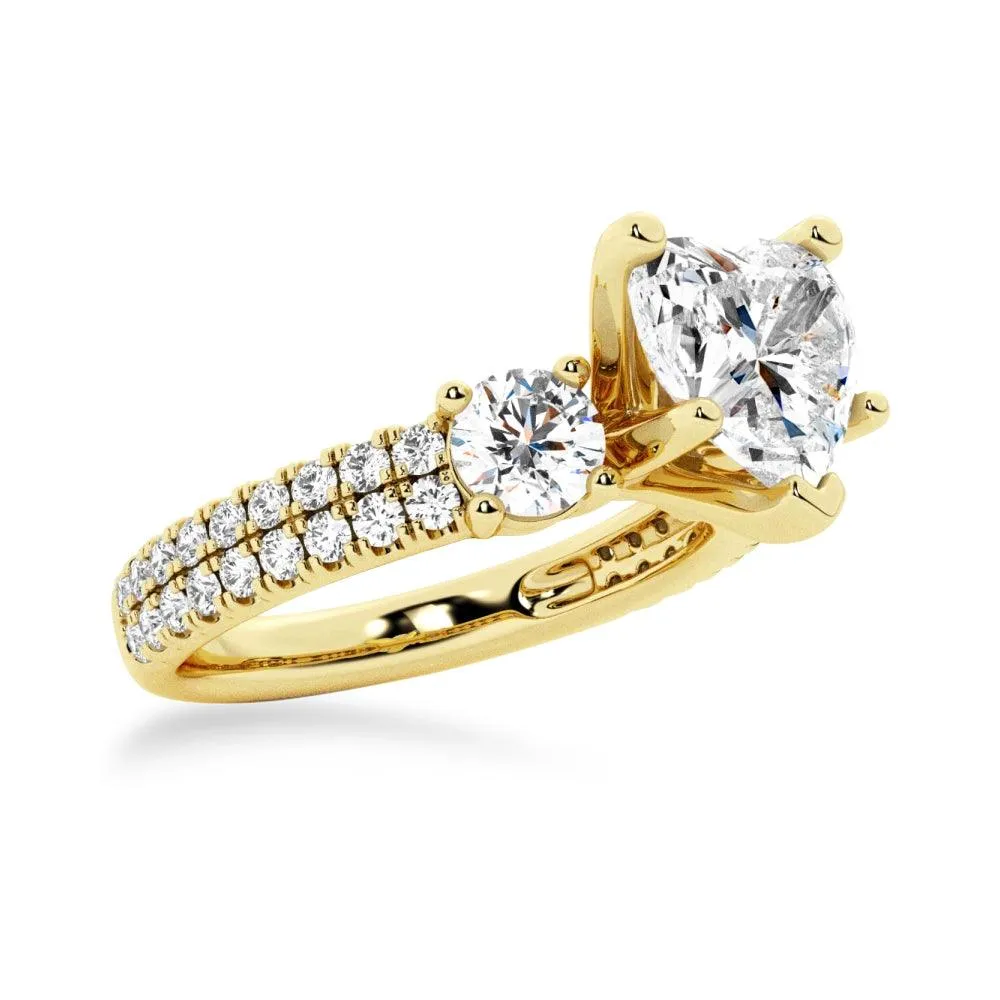 Double Row Pave Three Stone Heart Shaped Engagement Ring