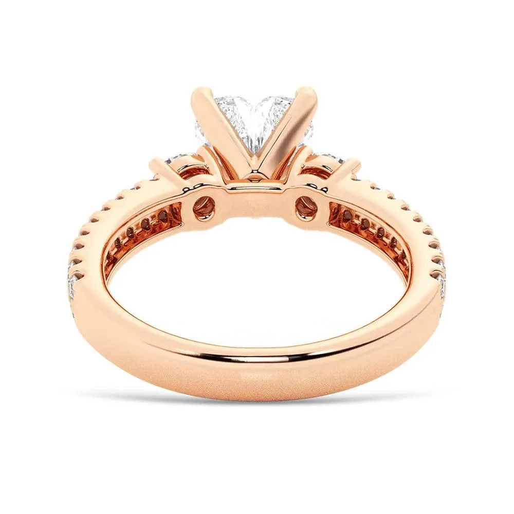 Double Row Pave Three Stone Heart Shaped Engagement Ring