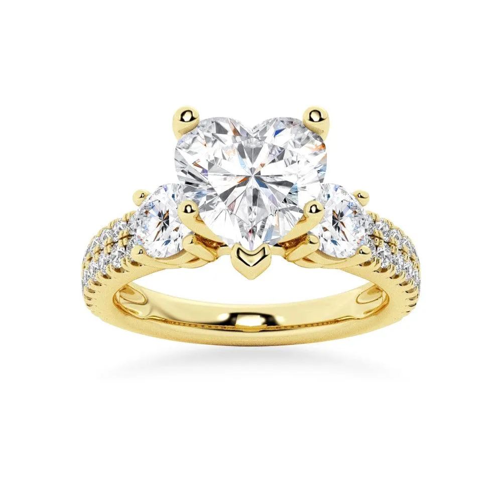 Double Row Pave Three Stone Heart Shaped Engagement Ring