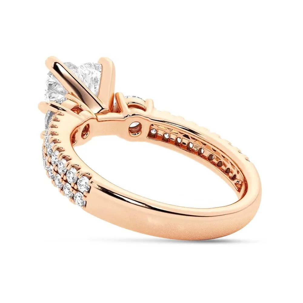 Double Row Pave Three Stone Heart Shaped Engagement Ring