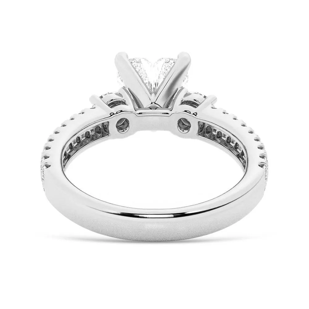 Double Row Pave Three Stone Heart Shaped Engagement Ring