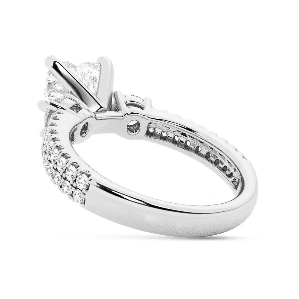 Double Row Pave Three Stone Heart Shaped Engagement Ring