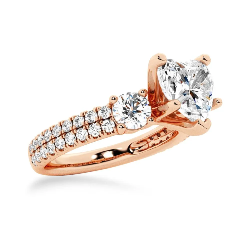 Double Row Pave Three Stone Heart Shaped Engagement Ring