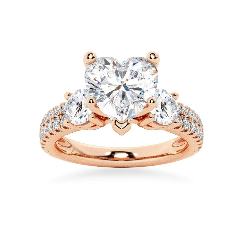 Double Row Pave Three Stone Heart Shaped Engagement Ring