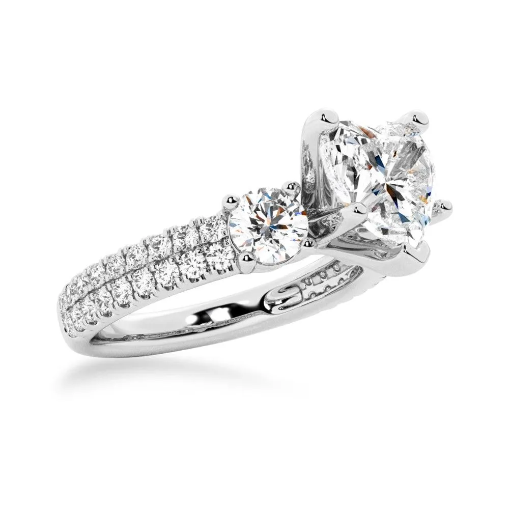 Double Row Pave Three Stone Heart Shaped Engagement Ring