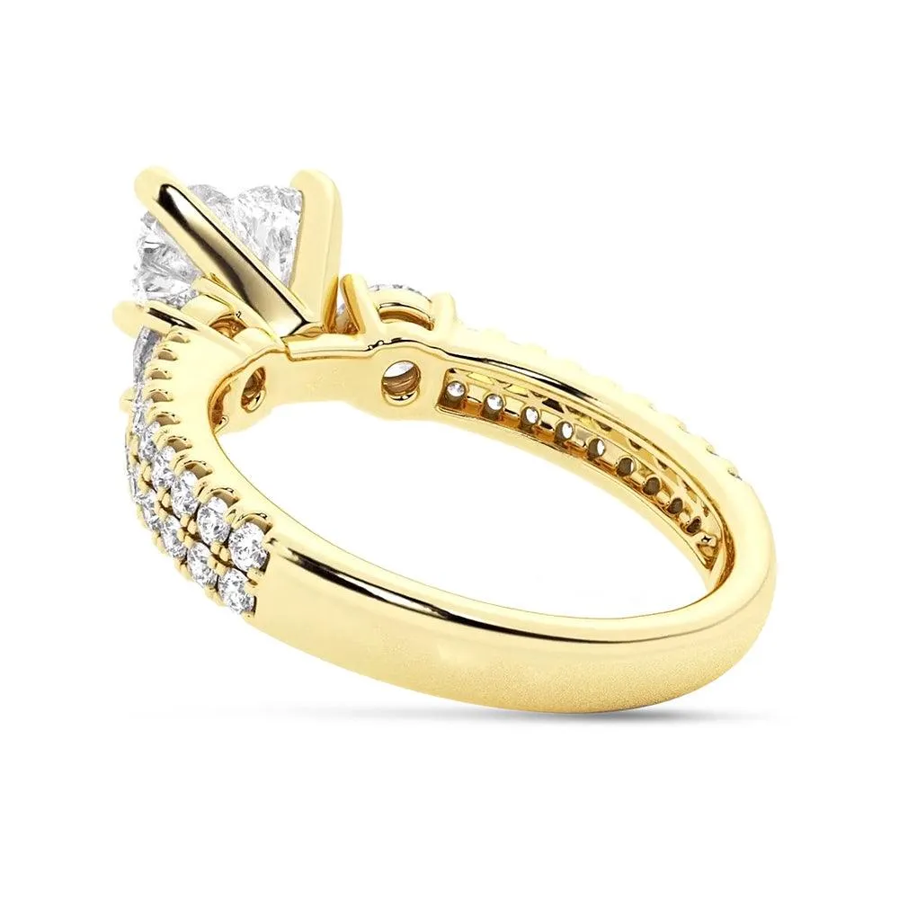 Double Row Pave Three Stone Heart Shaped Engagement Ring
