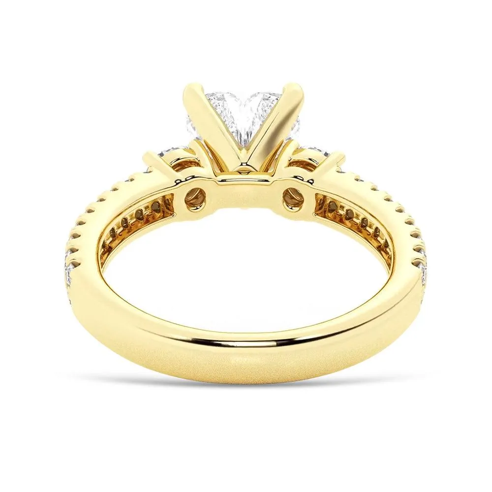 Double Row Pave Three Stone Heart Shaped Engagement Ring