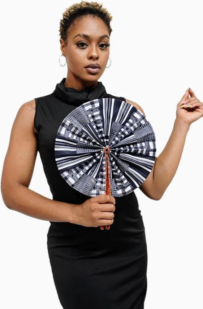 Dupsie's Koumadi Foldable Black and White African Print Ankara Kente Fan DPPFB0795