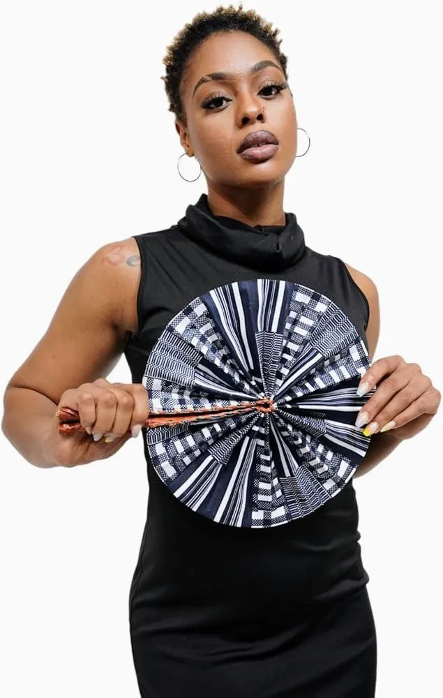 Dupsie's Koumadi Foldable Black and White African Print Ankara Kente Fan DPPFB0795